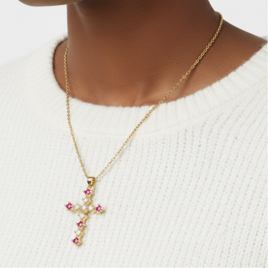 Pink CZ Cross Necklace Afro Model White Sweater
