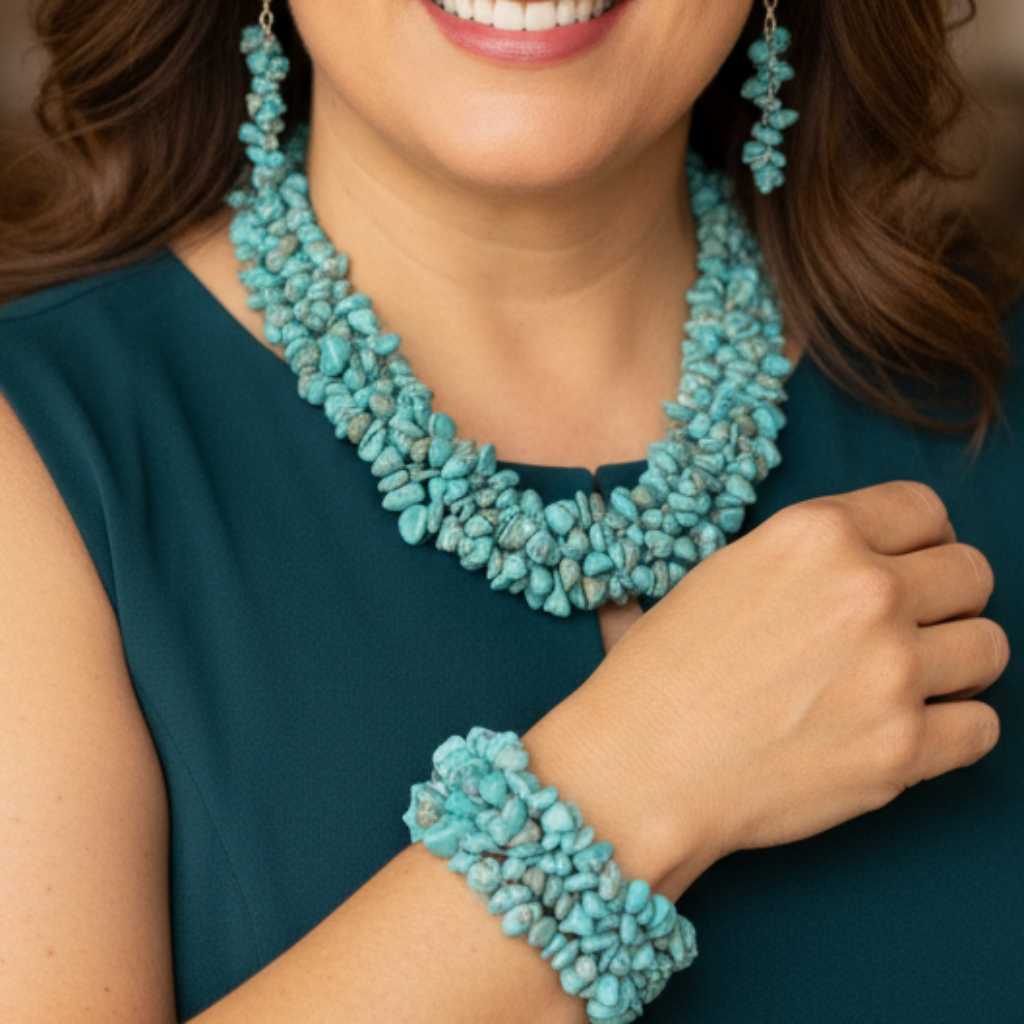 Plus-size mature woman wearing turquoise jewelry set at collarbone level