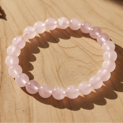 Pulsera de cuarzo rosado en madera