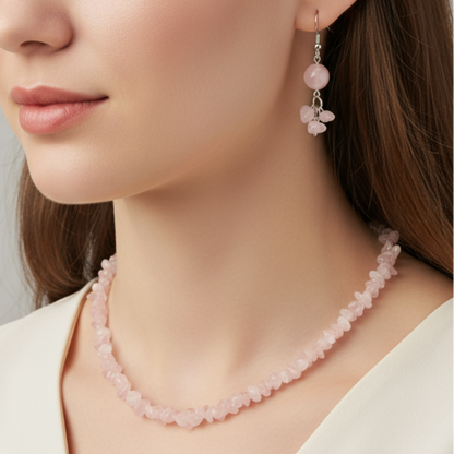 Rose Quartz Necklace and Earrings Set on Model