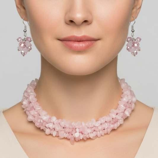 Rose quartz necklace with earrings - front view
