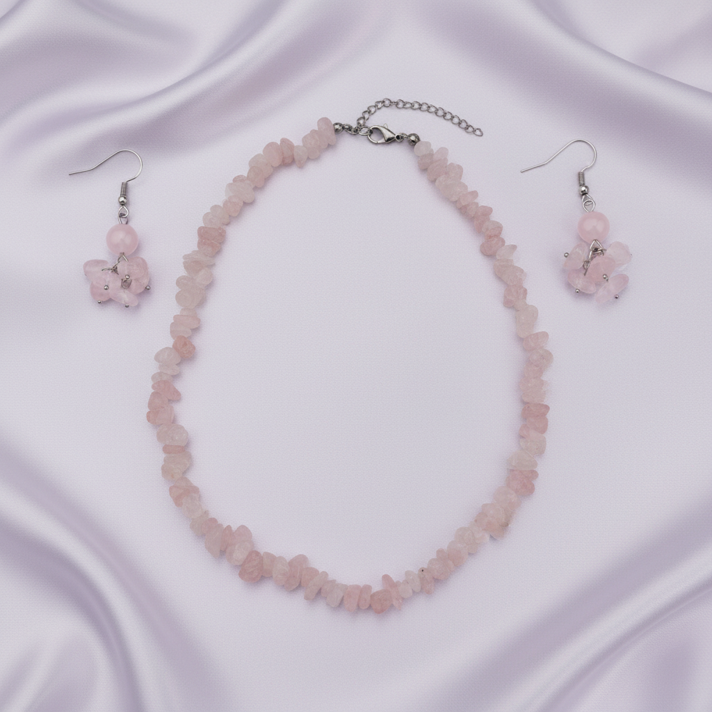 Rose Quartz Set - Collar y Aretes sobre Lavanda Satinado