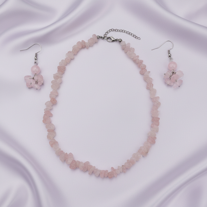 Rose Quartz Set - Collar y Aretes sobre Lavanda Satinado