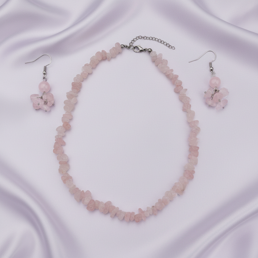 Rose Quartz Set - Collar y Aretes sobre Lavanda Satinado