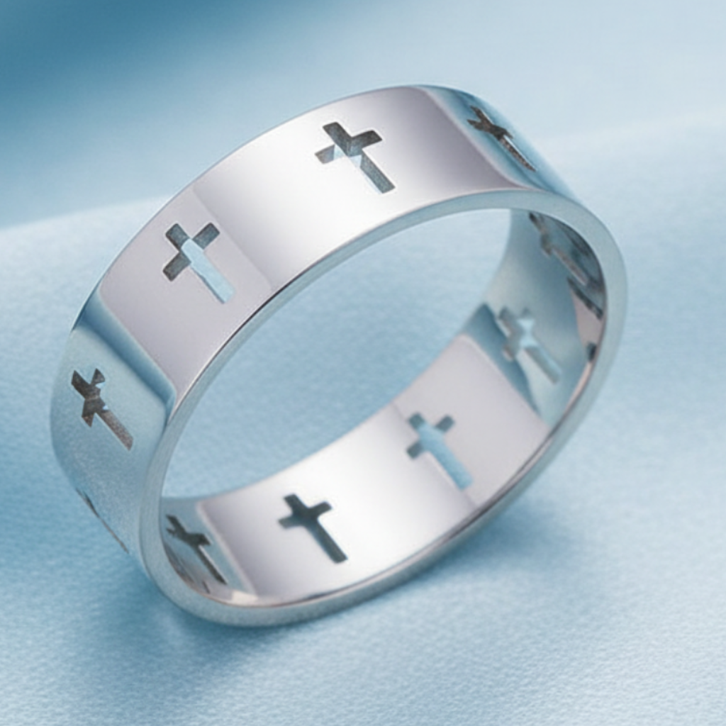 Silver Cross Ring – Light Blue Satin