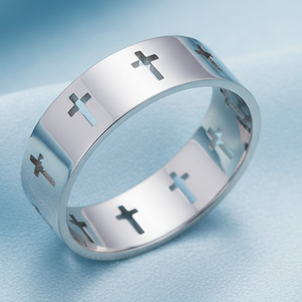 Silver Cross Ring – Light Blue Satin