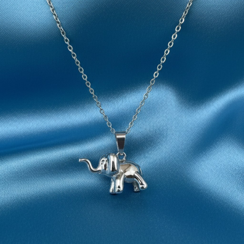 Silver Elephant Necklace - Deep Satin Blue Background