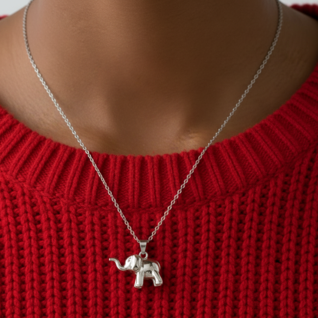 Silver Elephant Necklace - Model with Red Sweater