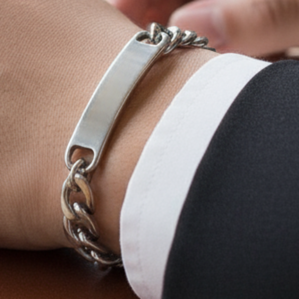 Silver Tag ID Figaro Bracelet on Model