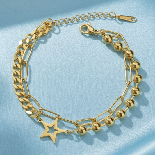 Star Charm Layered Bracelet - Satin Blue Background