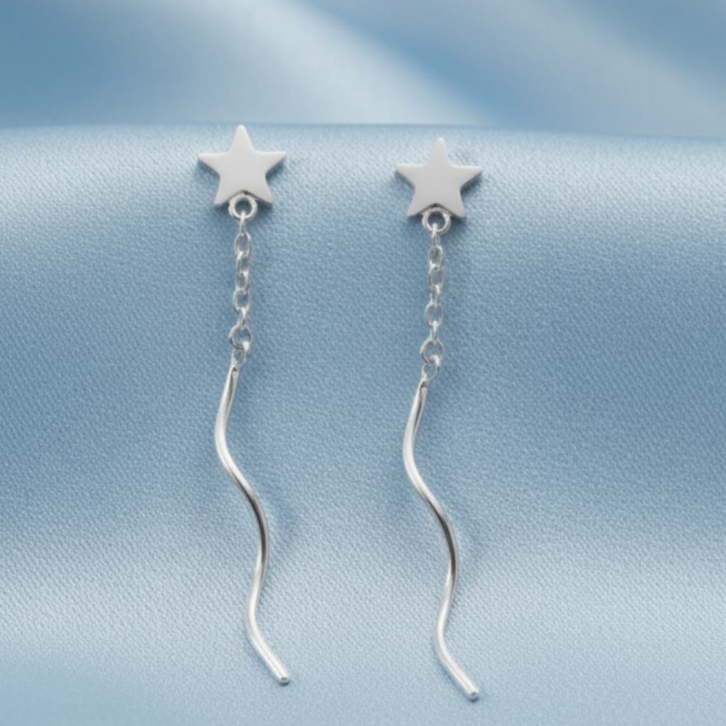 Star Threader Earrings – Satin Light Blue Background
