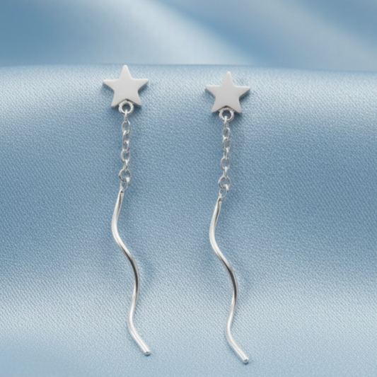 Star Threader Earrings – Satin Light Blue Background