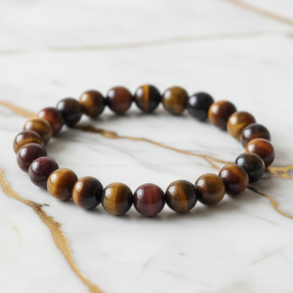 Tiger eye bracelet on marble with gold