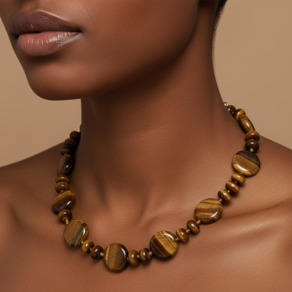 Tiger Eye Necklace on Dark Skin Female Model