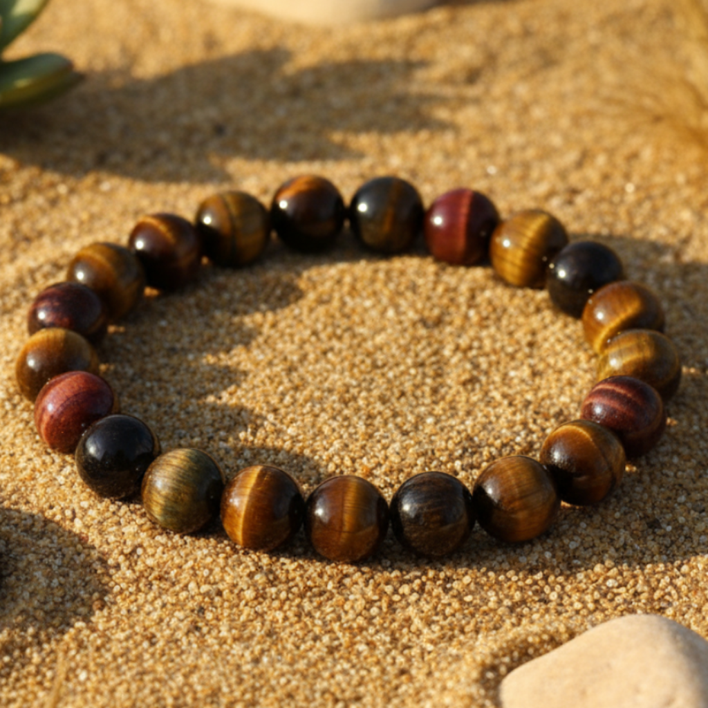 Tiger eye on sand with stones