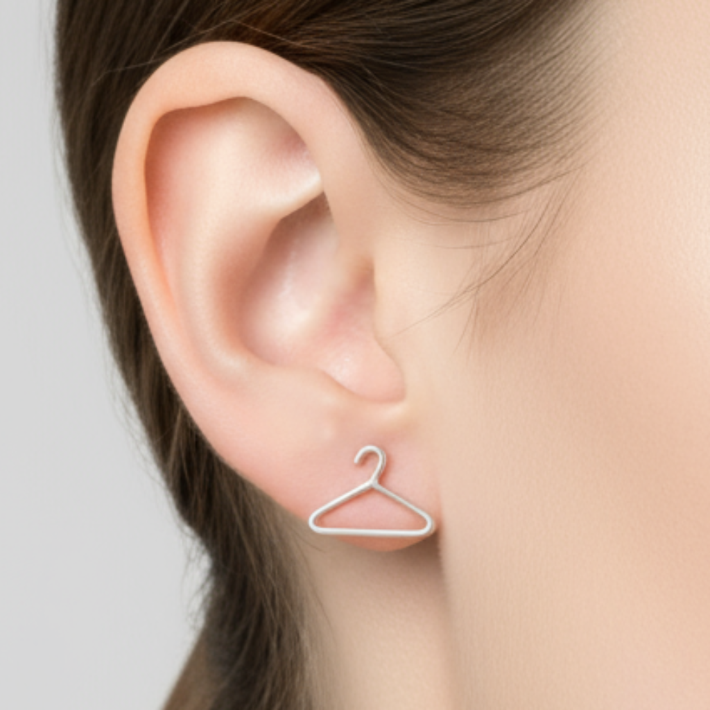 Tiny Sterling Silver Hanger Earrings on Model