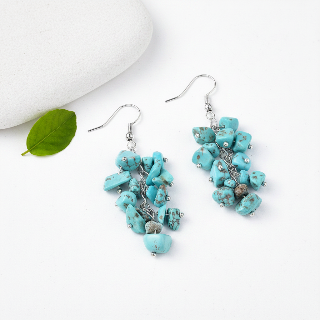 Turquoise Chip Earrings - White Stone & Leaf