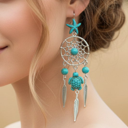 Turquoise Dreamcatcher Earrings - Editorial Portrait