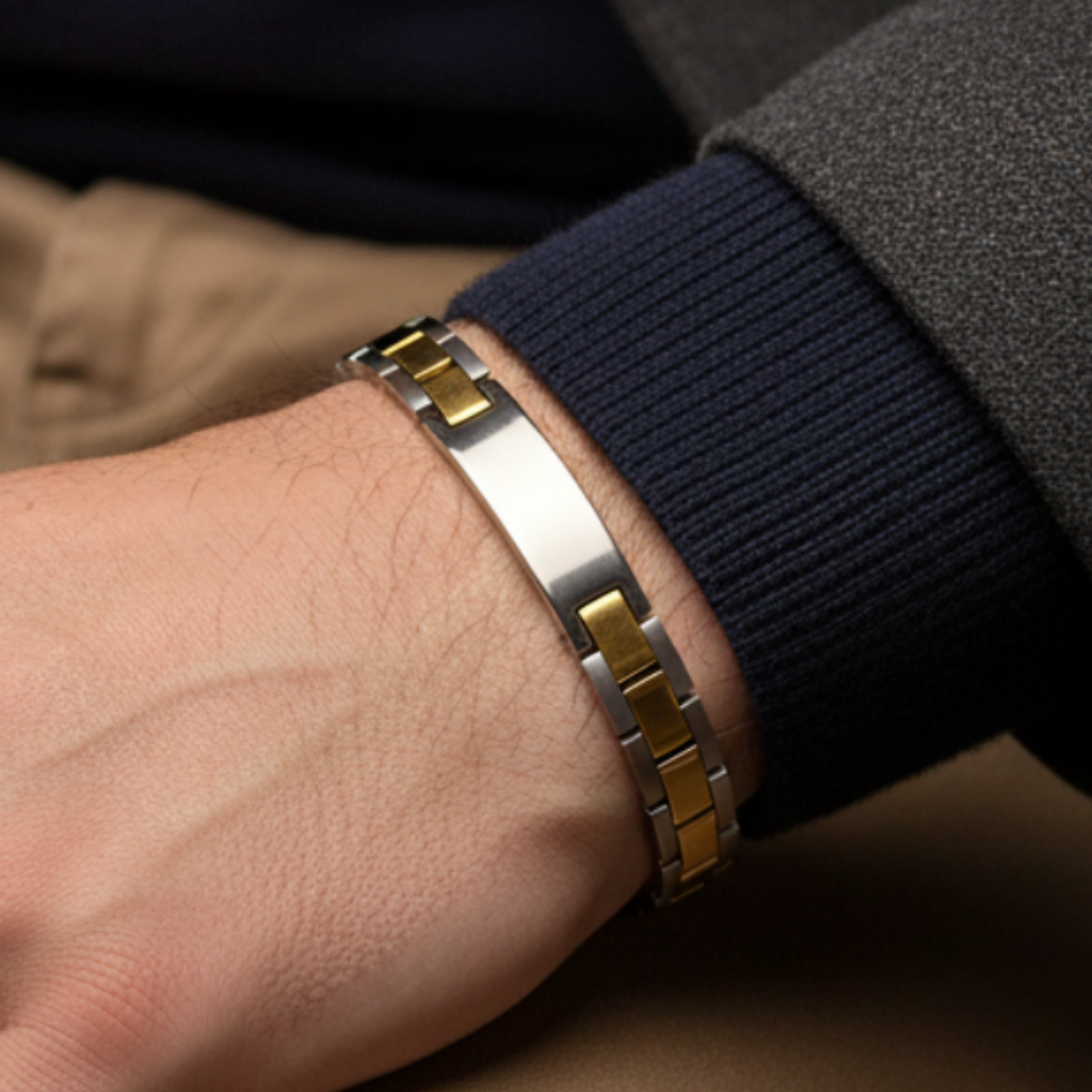 Two-tone bracelet on man's wrist