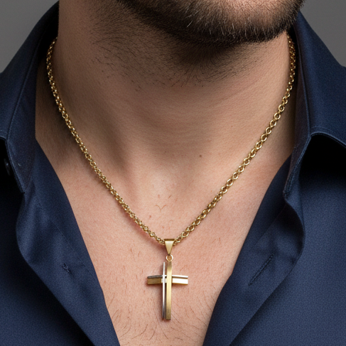 Two-tone cross necklace product hero with model