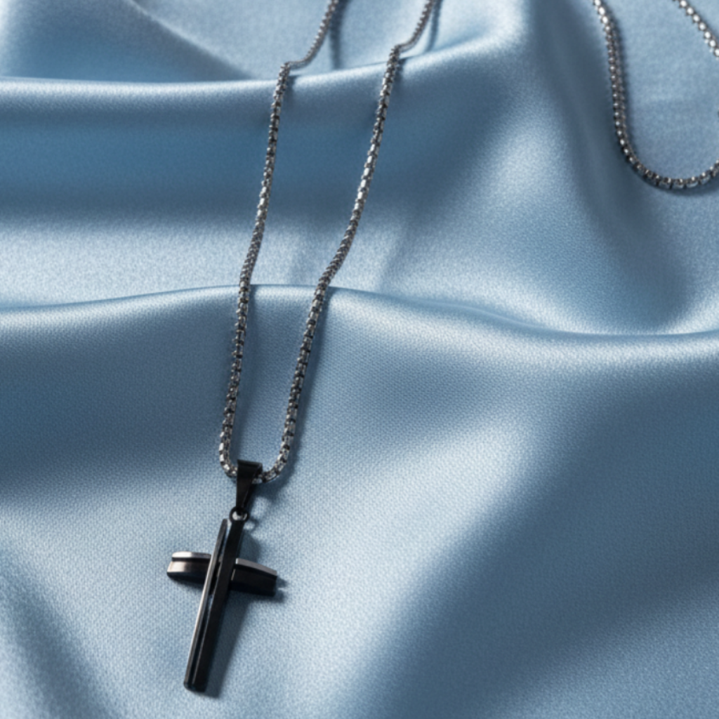 Two Tone Cross Necklace - Satin Light Blue