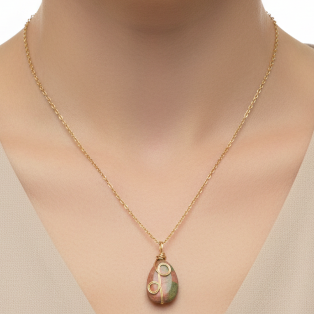 Unakite Teardrop Necklace on Model - White Background