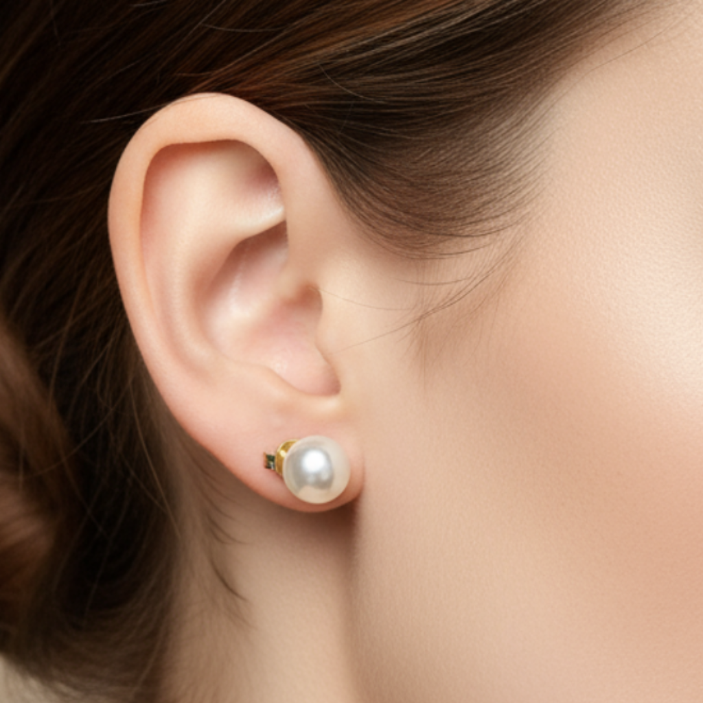 Woman wearing small 7mm white pearl stud earrings
