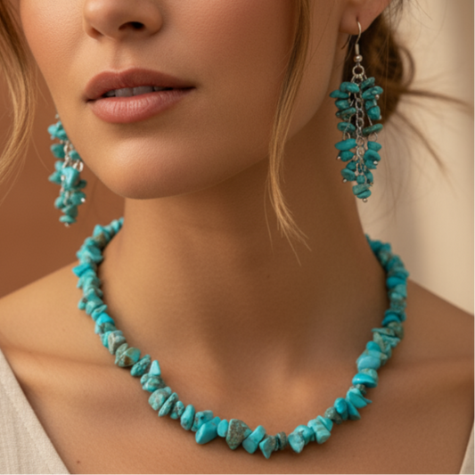 Woman wearing turquoise chip stone necklace and earrings set