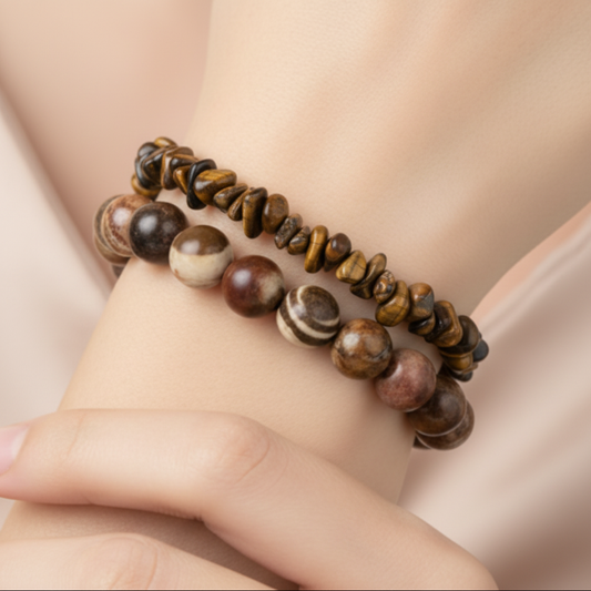 Zebra Jasper & Tiger Eye Stack on Model